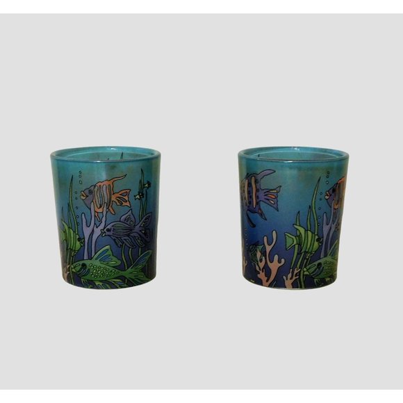 Party Lite Candle Votive Cups Fish Tales Set of 2 Boxed Multicolor 2.75 In. Tall - Picture 4 of 12